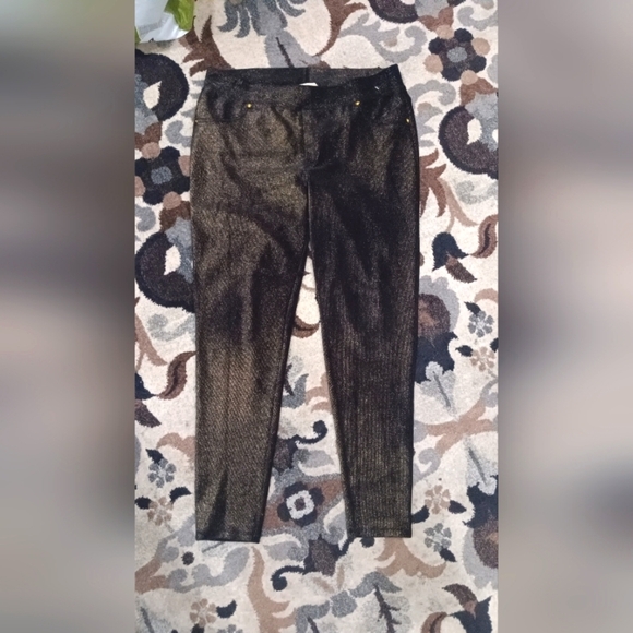 Michael Kors Foil Black Gold Metallic Leggings Sz 2X Stretch Figure Flattering - Picture 1 of 10